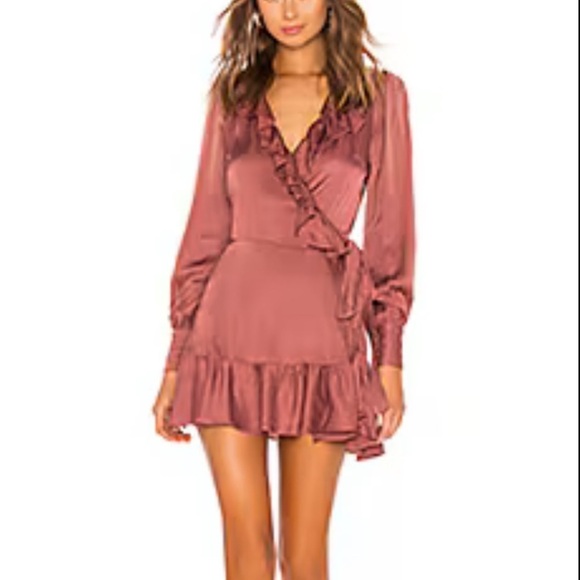 Selkie- Deep Pink Satin Longsleeve Ruffle Wrap Mini Dress - Picture 1 of 3